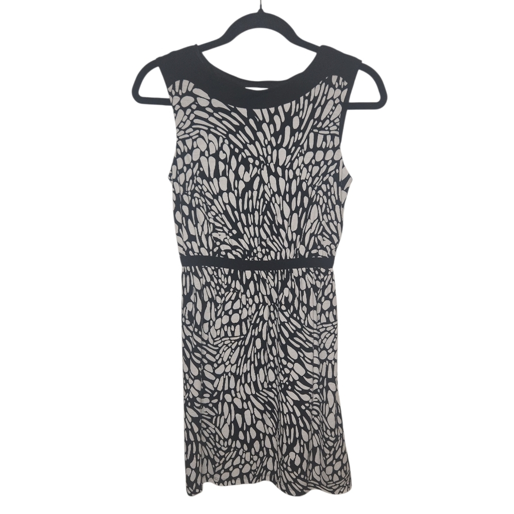 LOFT Black and White Abstract Sleeveless Black Trim Dress Size XSP